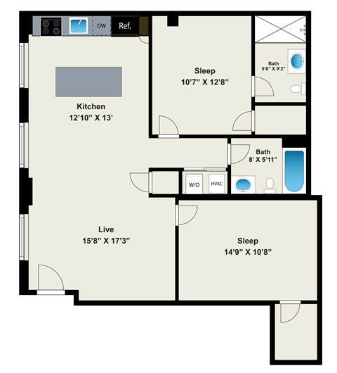 Floor plan for 2 beds, 2 baths, 950 sqft